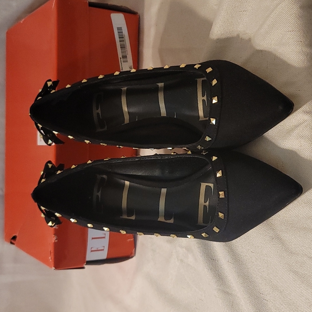 Elle New Black Gold Studded Heels W/ Bows Sz.7.5